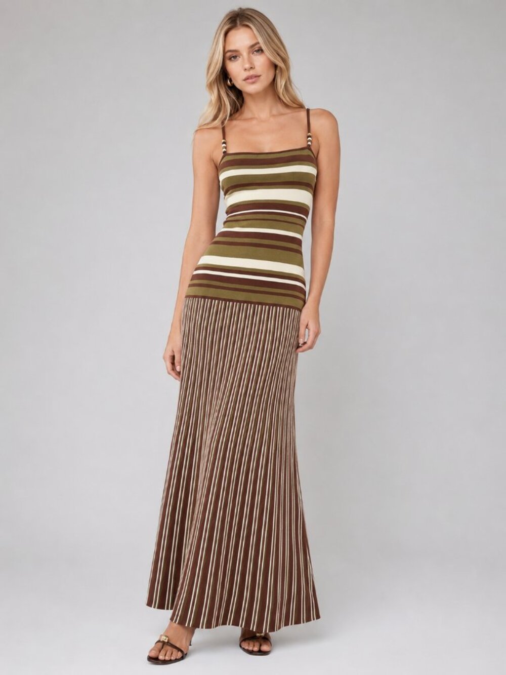 Women's Brown Striped Knit Cami Maxi Dress Beaded Straps Wool Blend Boho Summer - Picture 1 of 3